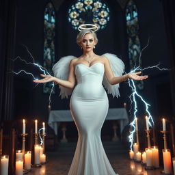 A full-length photograph of a sad yet captivating 18-year-old woman with blond hair, embodying a mix of sexy, sweet, and innocent charm