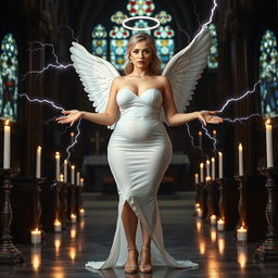 A full-length photograph of a sad yet captivating 18-year-old woman with blond hair, embodying a mix of sexy, sweet, and innocent charm