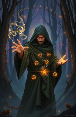 A mystical scene depicting a sorcerer casting charms and spells with a flick of their wrist, surrounded by ancient runes and glowing symbols