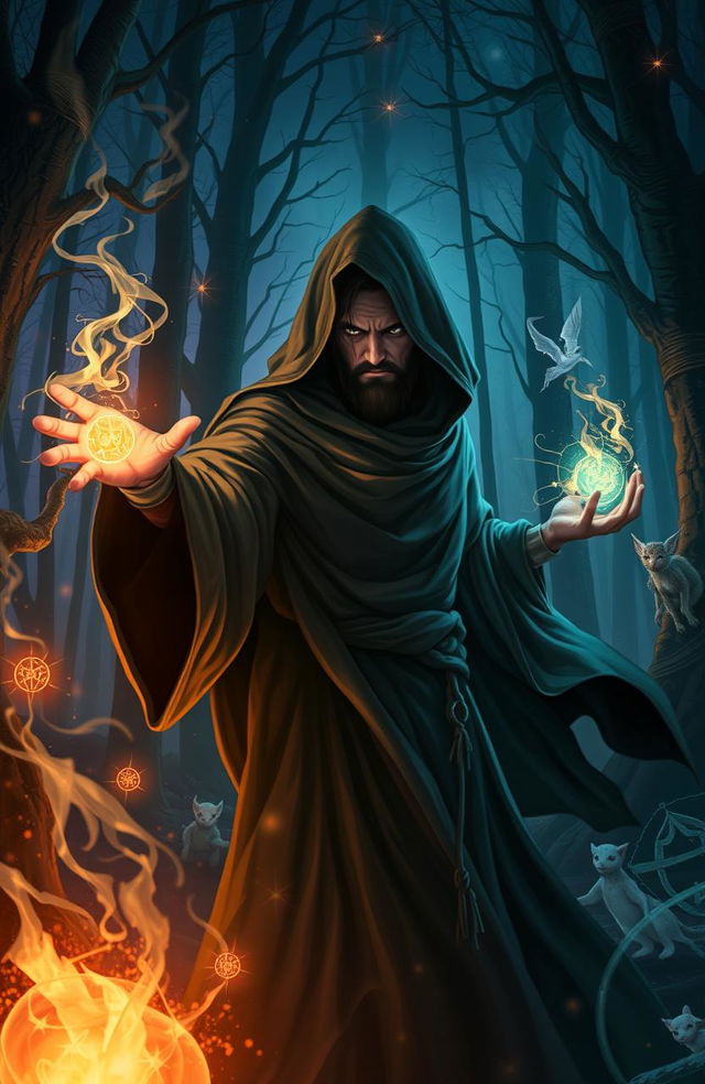 A mystical scene depicting a sorcerer casting charms and spells with a flick of their wrist, surrounded by ancient runes and glowing symbols