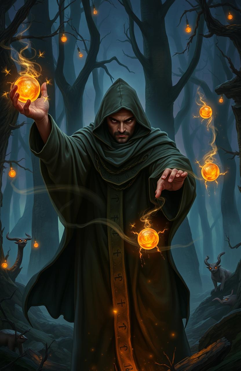 A mystical scene depicting a sorcerer casting charms and spells with a flick of their wrist, surrounded by ancient runes and glowing symbols