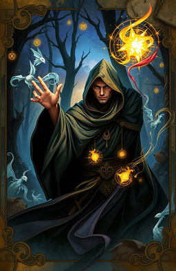 A mystical scene depicting a sorcerer casting charms and spells with a flick of their wrist, surrounded by ancient runes and glowing symbols