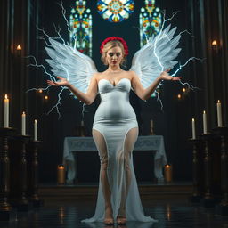 A full-length photograph of a sad yet striking 18-year-old woman with blond hair, encapsulating a mix of sexy, sweet, and innocent qualities