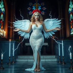 A full-length photograph of a sad yet striking 18-year-old woman with blond hair, encapsulating a mix of sexy, sweet, and innocent qualities