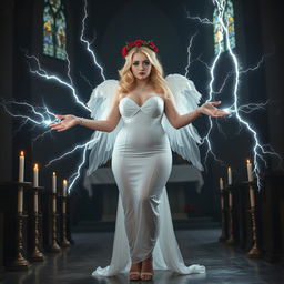 A full-length photograph of a sad yet enchanting 18-year-old woman with beautiful blond hair, embodying a blend of sexy, sweet, and innocent traits