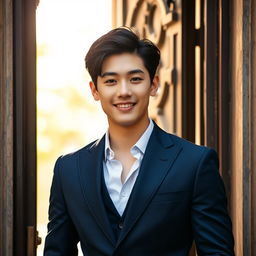 A handsome man with a confident demeanor, resembling Kim Namjoon from BTS, standing in a doorway