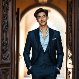 A handsome man with a confident demeanor, resembling Kim Namjoon from BTS, standing in a doorway
