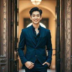 A handsome man with a confident demeanor, resembling Kim Namjoon from BTS, standing in a doorway
