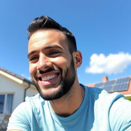 A friendly 35-year-old man sitting outdoors on a sunny day, wearing a light blue t-shirt