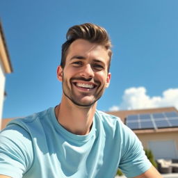 A friendly 35-year-old man sitting outdoors on a sunny day, wearing a light blue t-shirt