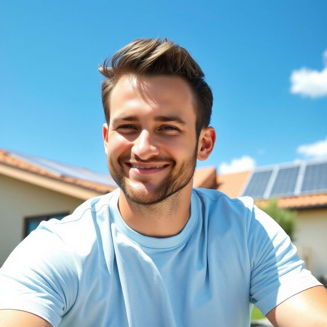 A friendly 35-year-old man sitting outdoors on a sunny day, wearing a light blue t-shirt