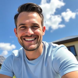 A friendly 35-year-old man sitting outdoors on a sunny day, wearing a light blue t-shirt