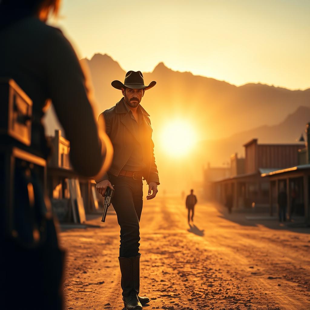 A cinematic scene from a Western movie featuring a character resembling Jason Statham in a dusty desert town during sunset