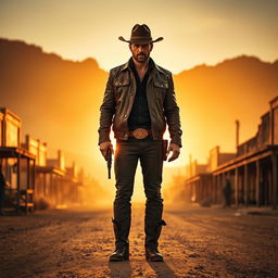 A cinematic scene from a Western movie featuring a character resembling Jason Statham in a dusty desert town during sunset