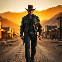 A cinematic scene from a Western movie featuring a character resembling Jason Statham in a dusty desert town during sunset