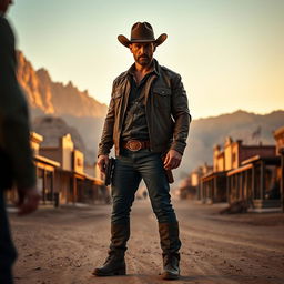 A cinematic scene from a Western movie featuring a character resembling Jason Statham in a dusty desert town during sunset