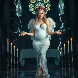 A full-length photograph of a sad yet striking 18-year-old woman with beautiful blond hair, embodying a blend of sexy, sweet, and innocent traits