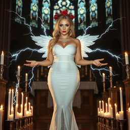 A full-length photograph of a sad yet striking 18-year-old woman with beautiful blond hair, embodying a blend of sexy, sweet, and innocent traits
