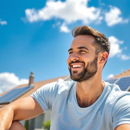 A friendly 35-year-old man sitting outdoors on a sunny day, wearing a light blue t-shirt