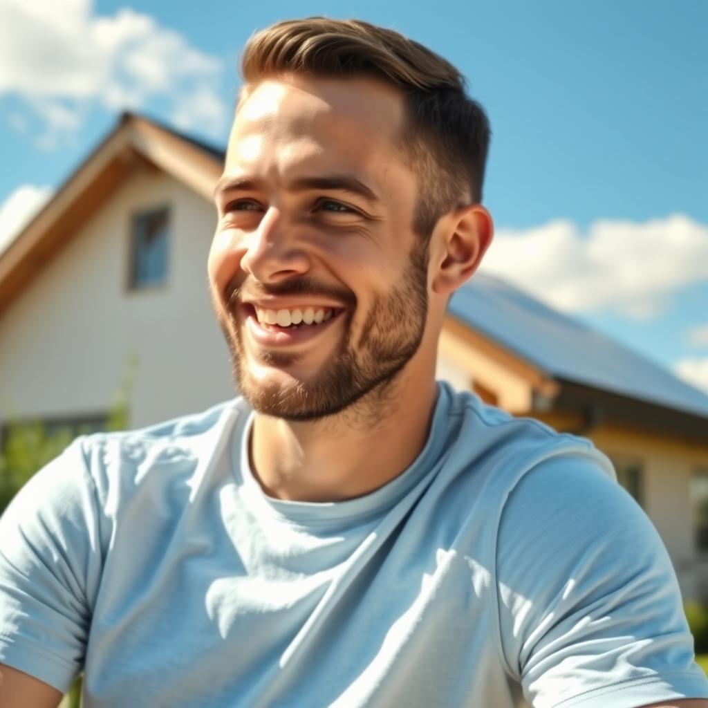 A friendly 35-year-old man sitting outdoors on a sunny day, wearing a light blue t-shirt