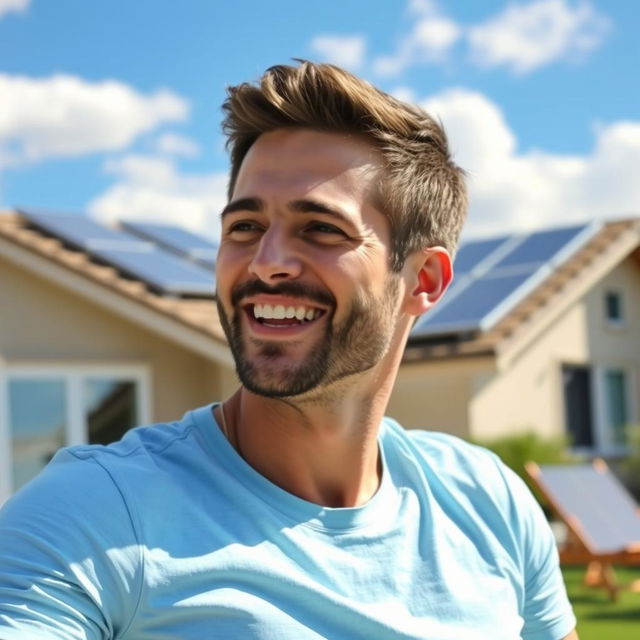 A friendly 35-year-old man sitting outdoors on a sunny day, wearing a light blue t-shirt