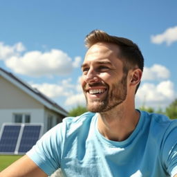 A friendly 35-year-old man sitting outdoors on a sunny day, wearing a light blue t-shirt