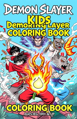 A vibrant and engaging cover for a Demon Slayer-themed kids' coloring book, designed for ages 10 and up