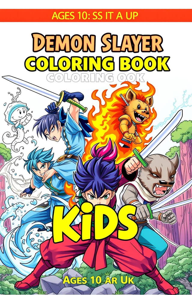 A vibrant and engaging cover for a Demon Slayer-themed kids' coloring book, designed for ages 10 and up