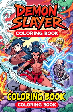 A vibrant and engaging cover for a Demon Slayer-themed kids' coloring book, designed for ages 10 and up