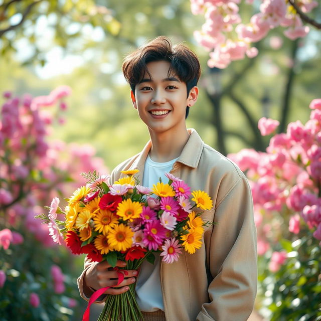 A stunningly realistic image of Kim Namjoon, also known as RM from BTS, standing in a picturesque garden, holding a bouquet of colorful flowers, smiling warmly