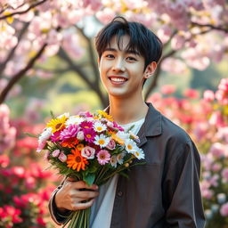 A stunningly realistic image of Kim Namjoon, also known as RM from BTS, standing in a picturesque garden, holding a bouquet of colorful flowers, smiling warmly