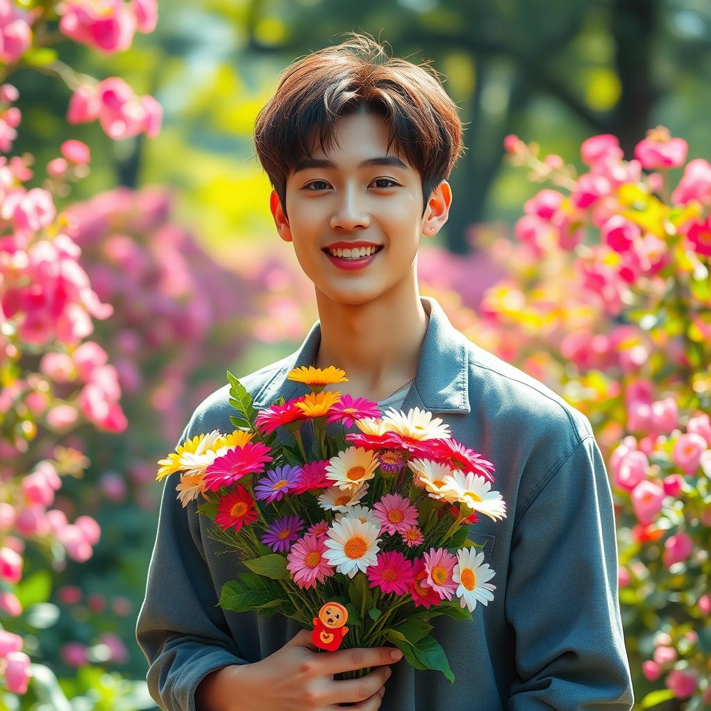 A stunningly realistic image of Kim Namjoon, also known as RM from BTS, standing in a picturesque garden, holding a bouquet of colorful flowers, smiling warmly