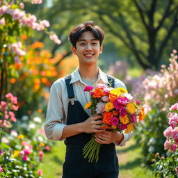 A stunningly realistic image of Kim Namjoon, also known as RM from BTS, standing in a picturesque garden, holding a bouquet of colorful flowers, smiling warmly