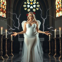 A full-length photograph of a sad yet enchanting 18-year-old woman with beautiful blond hair, embodying a mix of sexy, sweet, and innocent characteristics