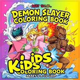 A vibrant and engaging cover for a Demon Slayer-themed kids' coloring book, aimed at children aged 10 and up