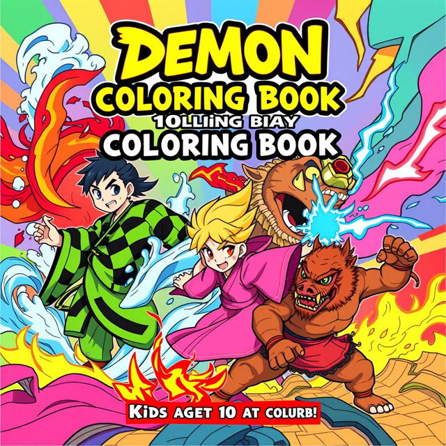 A vibrant and engaging cover for a Demon Slayer-themed kids' coloring book, aimed at children aged 10 and up