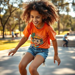 A girl with curly hair riding a skateboard