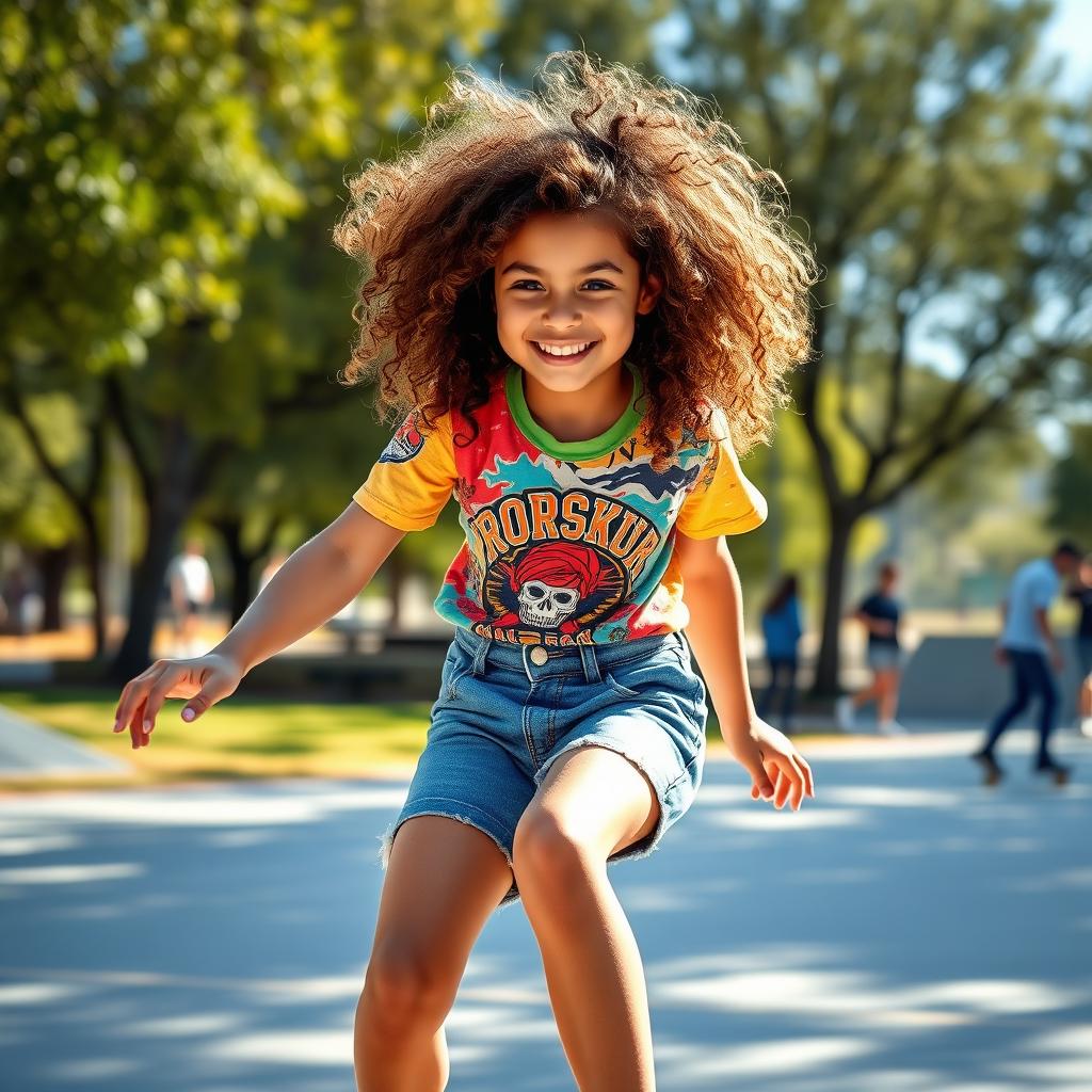 A girl with curly hair riding a skateboard