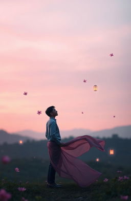 A dreamy, ethereal portrayal of a romantic scene inspired by the themes of love and longing found in Shella Anggraini's 'The Man on My Dream'