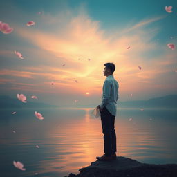 A dreamy, ethereal portrayal of a romantic scene inspired by the themes of love and longing found in Shella Anggraini's 'The Man on My Dream'