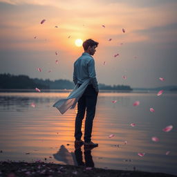 A dreamy, ethereal portrayal of a romantic scene inspired by the themes of love and longing found in Shella Anggraini's 'The Man on My Dream'