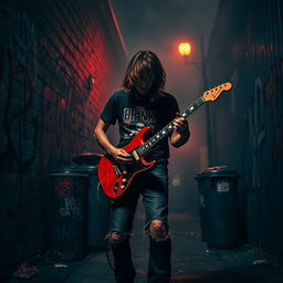 A grunge-inspired scene featuring a lone musician in an urban setting, surrounded by graffiti-covered walls