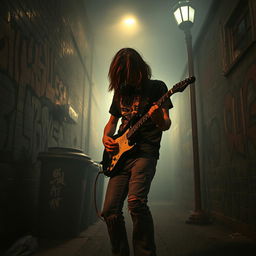 A grunge-inspired scene featuring a lone musician in an urban setting, surrounded by graffiti-covered walls