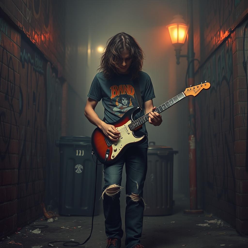 A grunge-inspired scene featuring a lone musician in an urban setting, surrounded by graffiti-covered walls