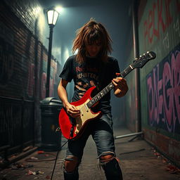 A grunge-inspired scene featuring a lone musician in an urban setting, surrounded by graffiti-covered walls