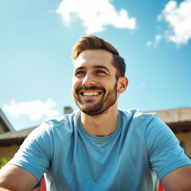 A friendly 35-year-old man sitting outdoors on a sunny day, wearing a light blue t-shirt