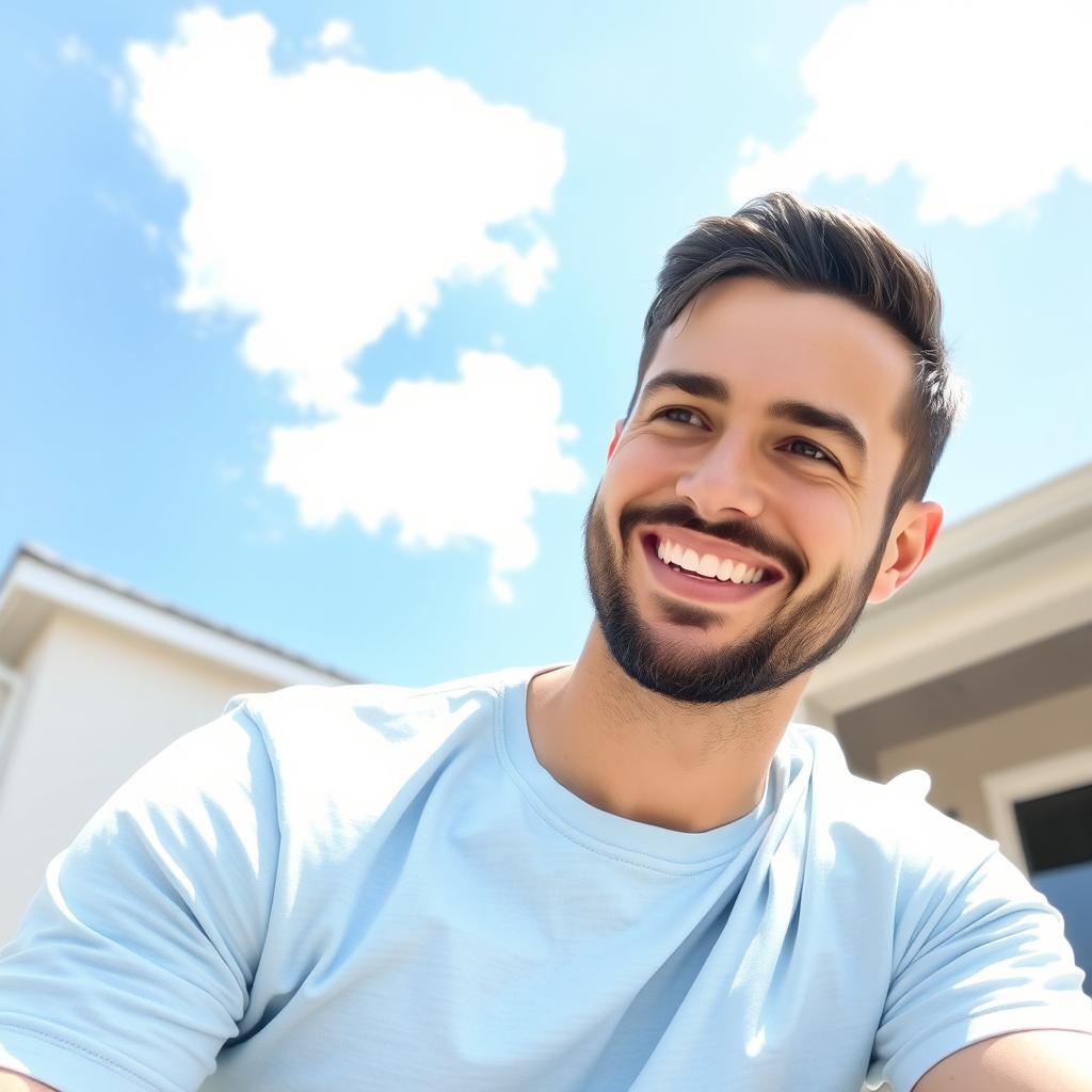 A friendly 35-year-old man sitting outdoors on a sunny day, wearing a light blue t-shirt