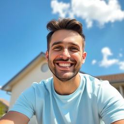 A friendly 35-year-old man sitting outdoors on a sunny day, wearing a light blue t-shirt