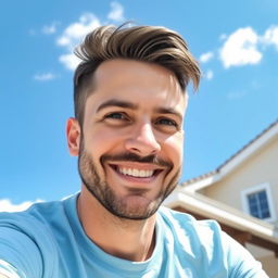 A friendly 35-year-old man sitting outdoors on a sunny day, wearing a light blue t-shirt