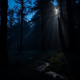A mystical forest at twilight, where shadows of tall, ancient trees stretch across the dense underbrush
